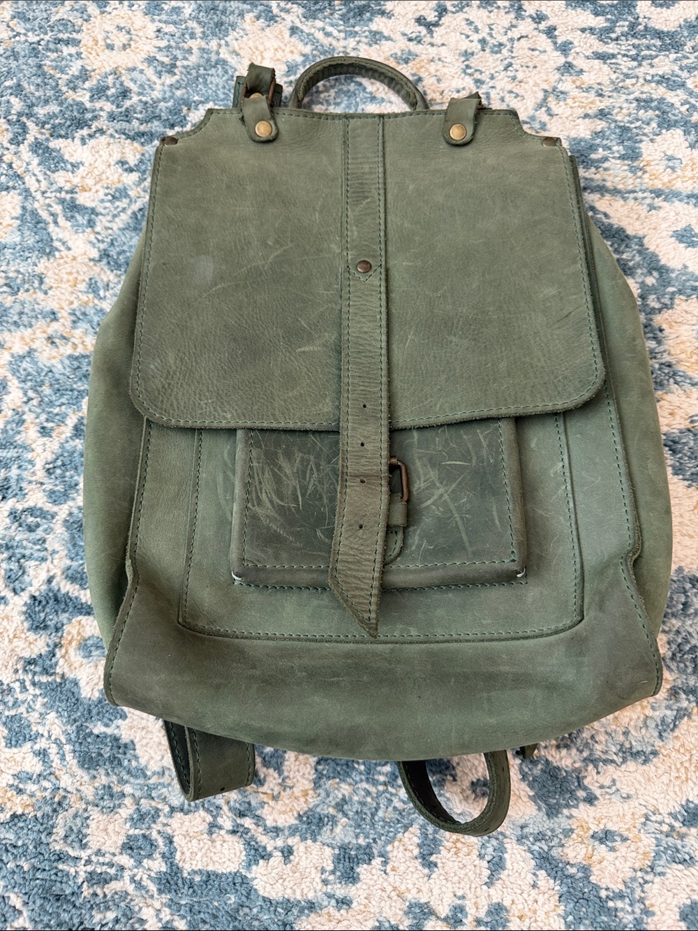 Artisan Made Green Leather Backpack with Front Pocket